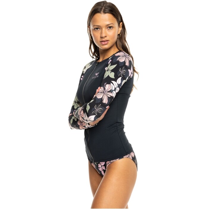 2024 Roxy Womens Sunny Floral Long Sleeve Zip Rash Vest ERJWR03779 - Anthacite Sunny Floral Swim